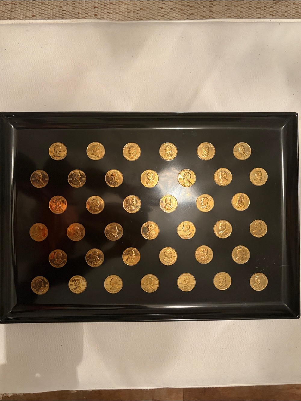 Couroc Black Gloss Serving Tray with Gold Tone President Coins-through Regan